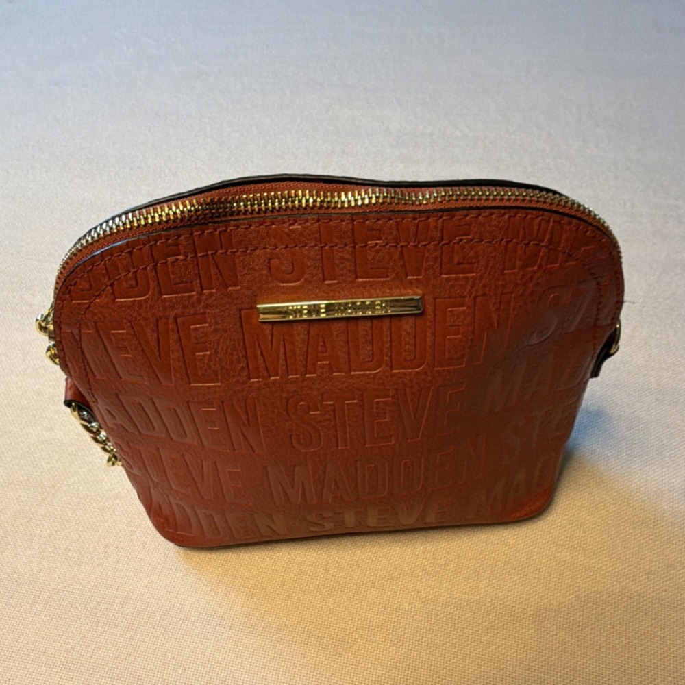 Steve Madden Brown Embossed Logo Crossbody Bag Zip Top Gold Chain Strap